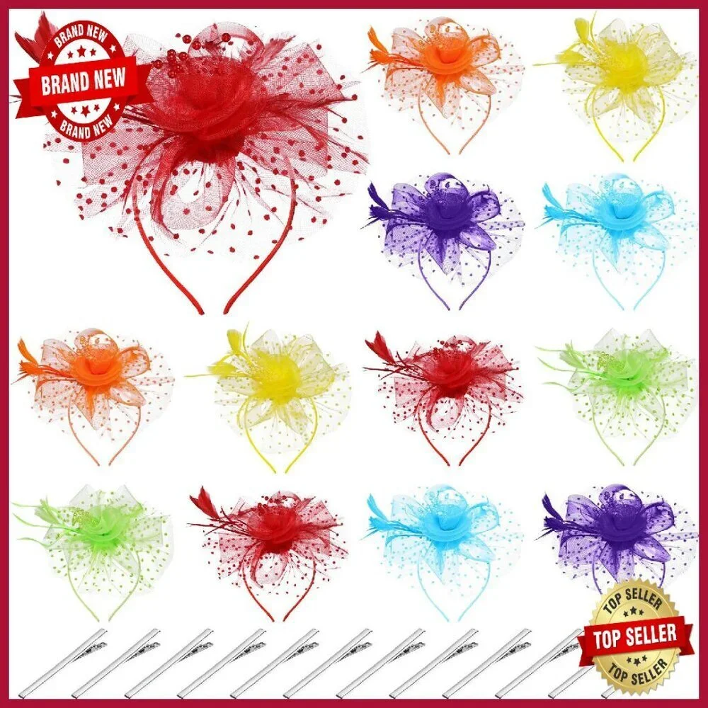 12 Pcs Fascinator Hats Feather Mesh Hair Clip Party Wedding Accessories